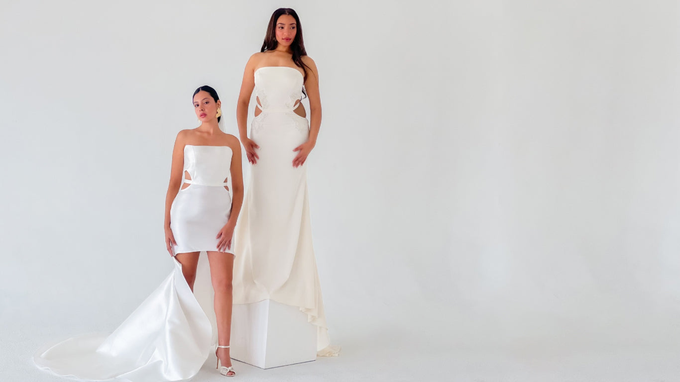 Latina and Black Bride wearing chic fashion forward non traditional bridal looks from Lawrencia Bridal Couture Modern Matrimony Bridal Collection for the modern bride