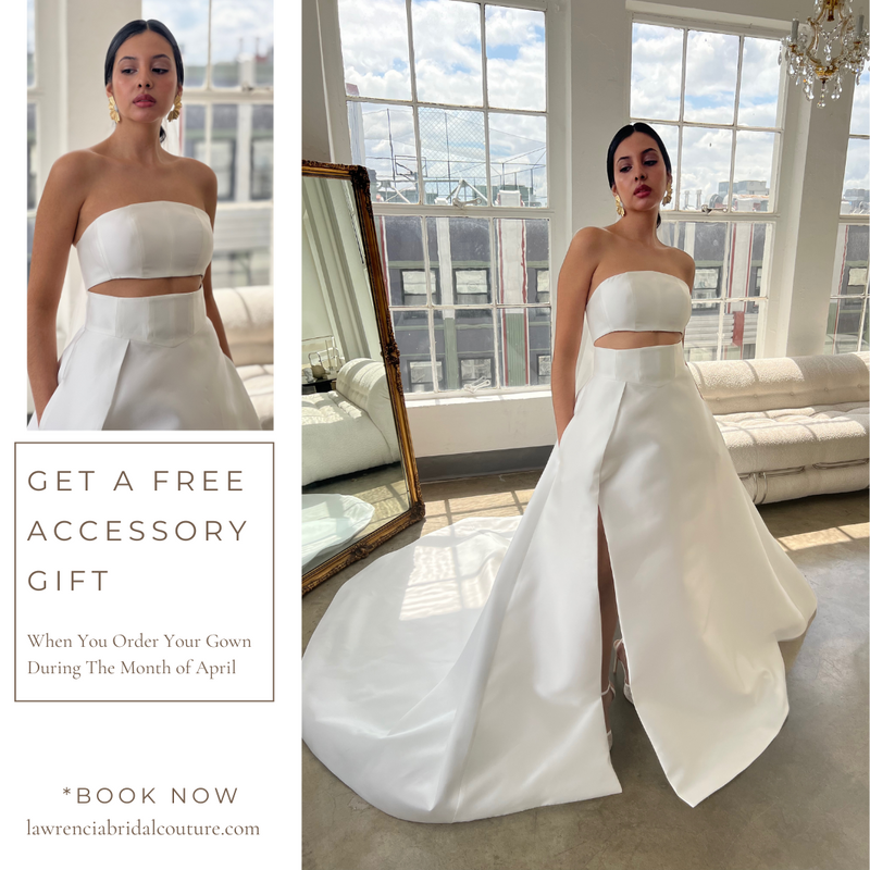 Bride wearing a Lawrencia Bridal Couture Elle Gown Two Piece Luxurious Mikado A Line Wedding Dress Look with a high skirt slit