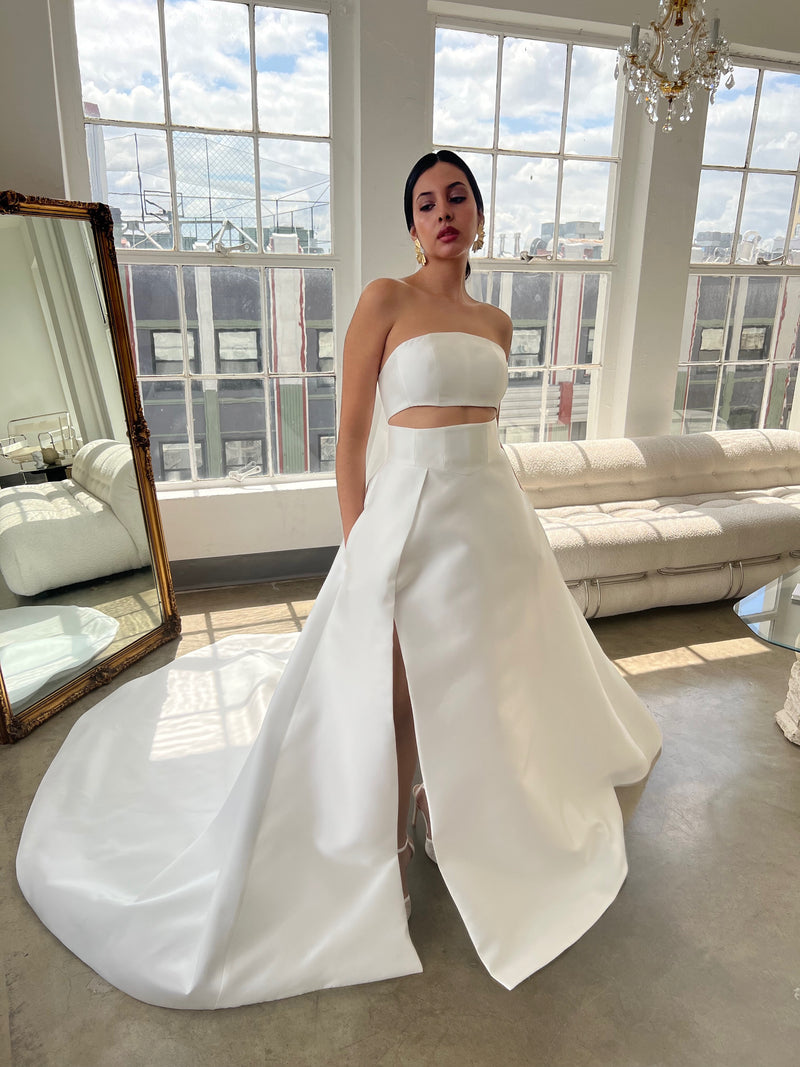 Latina bride wearing a two piece Mikado wedding dress look the perfect bridal gown separates for the modern chic fashion forward bride