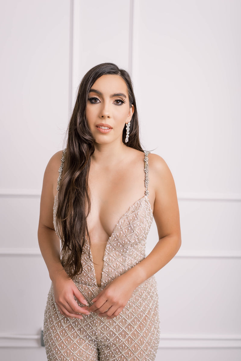 Couture bride in beaded lace jumpsuit with Swarovski crystal straps & a flattering power mesh lining
