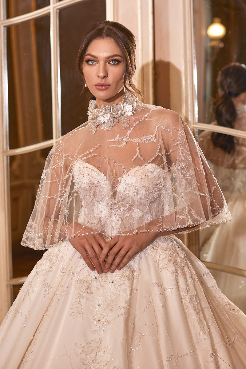 Ricca Sposa Royal Ballgown Wedding Dress R-22-004 Statement Floral Beaded Bridal Gown with Beaded Cape Available at Lawrencia Bridal Couture in Los Angeles