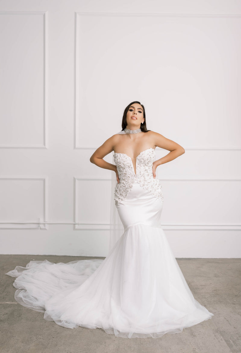Lawrencia Bridal Couture Simone Wedding Dress for the Fashion Forward Bride Luxury Beaded Strapless Satin Mermaid Wedding Gown with Plunging Neckline Available at Our Los Angeles Showroom Hollywood Glamour Bridal Gown