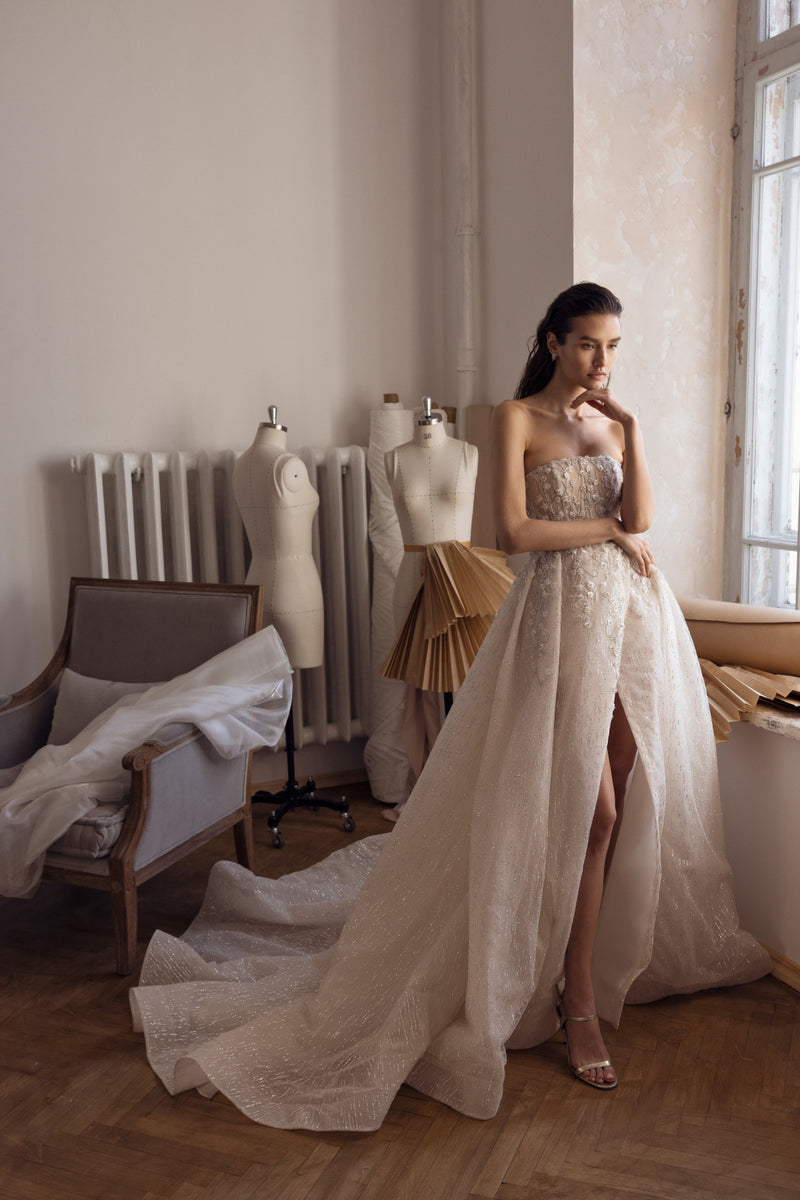 Ricca Sposa Meline Bridal Gown 22-024 Beaded Glitter A-line Wedding Dress with Skirt Slit