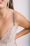 Up close detail of beaded jumpsuit with a stunning silver lace embroidered lattice & Swarovski crystal beading