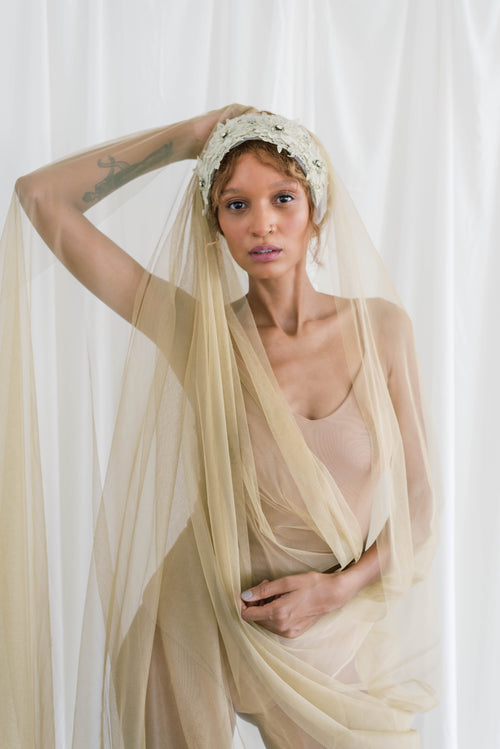 Antique gold wedding veil with beautiful metallic embroidered lace headband